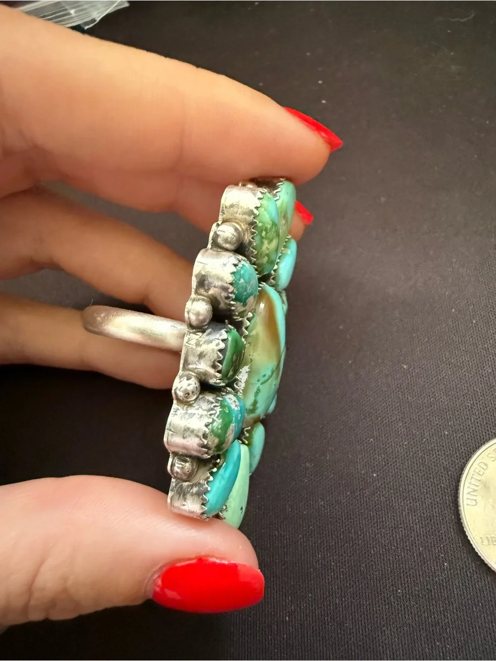 Navajo handmade monster sterling silver turquoise cluster ring. Adjustable band - Picture 6 of 6